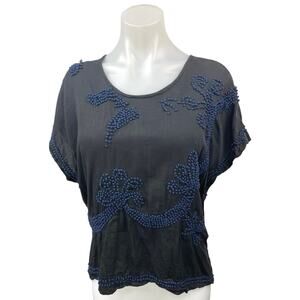Nikki Chasin Women's Black Blue Embellished Round Neck Casual Blouse Top Size S